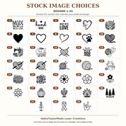 Stock image choices 1–33 for custom tags — crochet, knitting, sewing, hearts, flowers, plants and more.