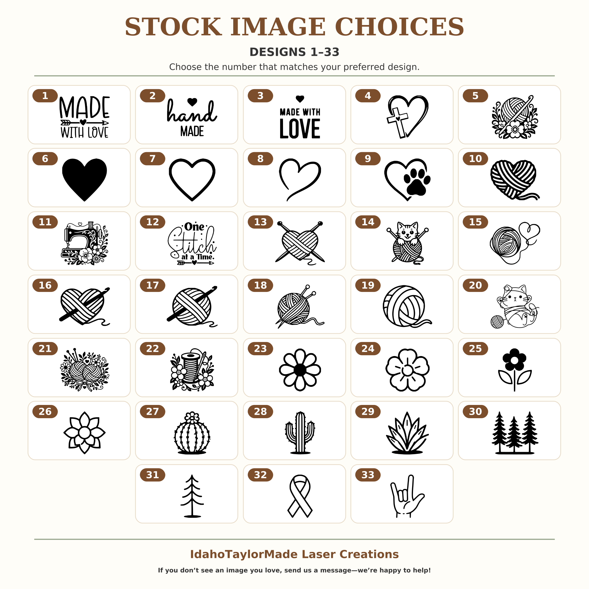 Stock image choices 1–33 for custom tags — crochet, knitting, sewing, hearts, flowers, plants and more.