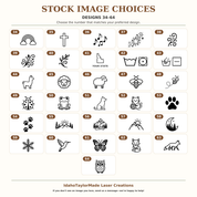 Stock image choices 34–64 for custom tags — laundry symbols, animals, paw prints, mountains and more.