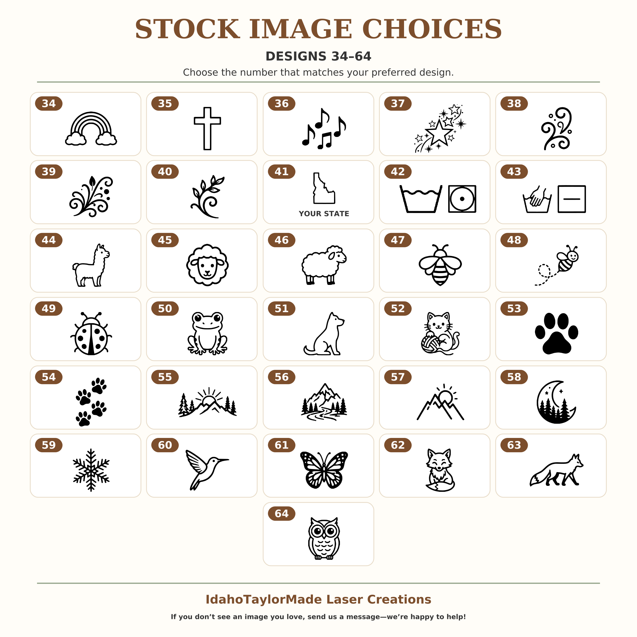 Stock image choices 34–64 for custom tags — laundry symbols, animals, paw prints, mountains and more.