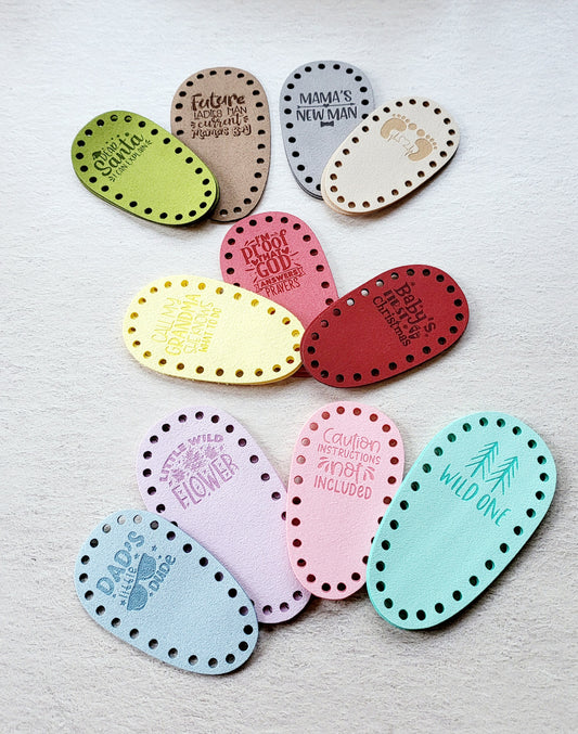 Set of Baby Bootie Soles! Soles for Crochet Booties! Baby Shoe Soles! Microsuede! Newborn - 12 Months! Knitting Baby Shoe Soles! Engraved Bottoms