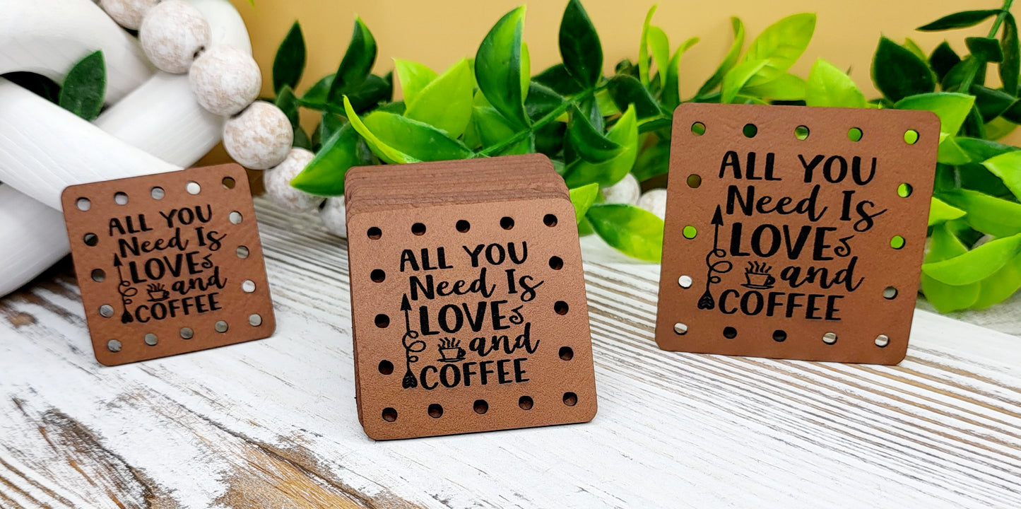 All you need is love and coffee PATCHES Faux Leather Patch!  Cozy Patch!  Mason Jar Cozy!  Knit Coffee Cup Patches! Crochet Cup Cozy Patch!