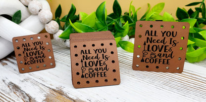 All you need is love and coffee PATCHES Faux Leather Patch!  Cozy Patch!  Mason Jar Cozy!  Knit Coffee Cup Patches! Crochet Cup Cozy Patch!