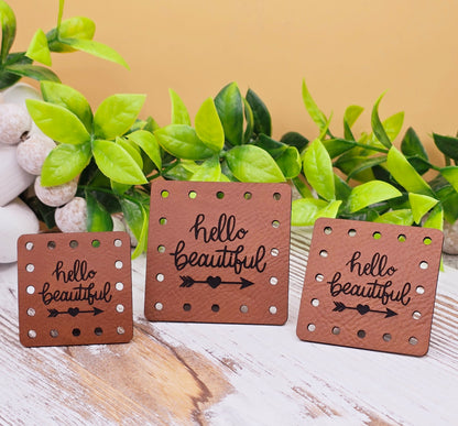Hello Beautiful Faux Leather Patch! Plant Cozy Patch!  Knit Hat Patch!  Crochet Beanie Patch!  Cup Cozy Patches!  Ultrasuede Patches! Product Labels!