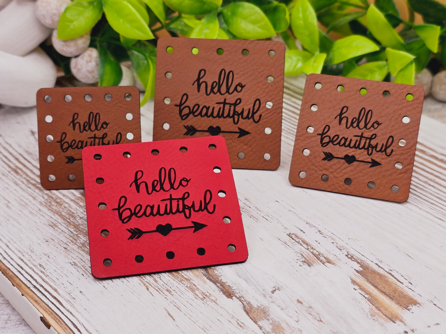 Hello Beautiful Faux Leather Patch! Plant Cozy Patch!  Knit Hat Patch!  Crochet Beanie Patch!  Cup Cozy Patches!  Ultrasuede Patches! Product Labels!