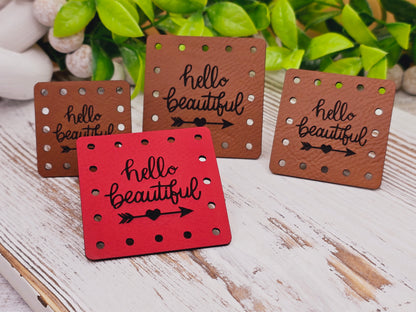 Hello Beautiful Faux Leather Patch! Plant Cozy Patch!  Knit Hat Patch!  Crochet Beanie Patch!  Cup Cozy Patches!  Ultrasuede Patches! Product Labels!