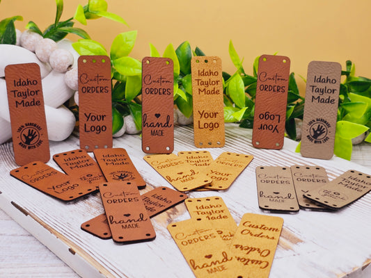 Custom! Faux Leather or Ultrasuede Tags! Size .85" x 2.50"! Crochet Beanie Tags!  Sew on labels! PERSONALIZE Tags! Logo Tags! Knit hat tags! Blanket Tag! Sew on Tags!