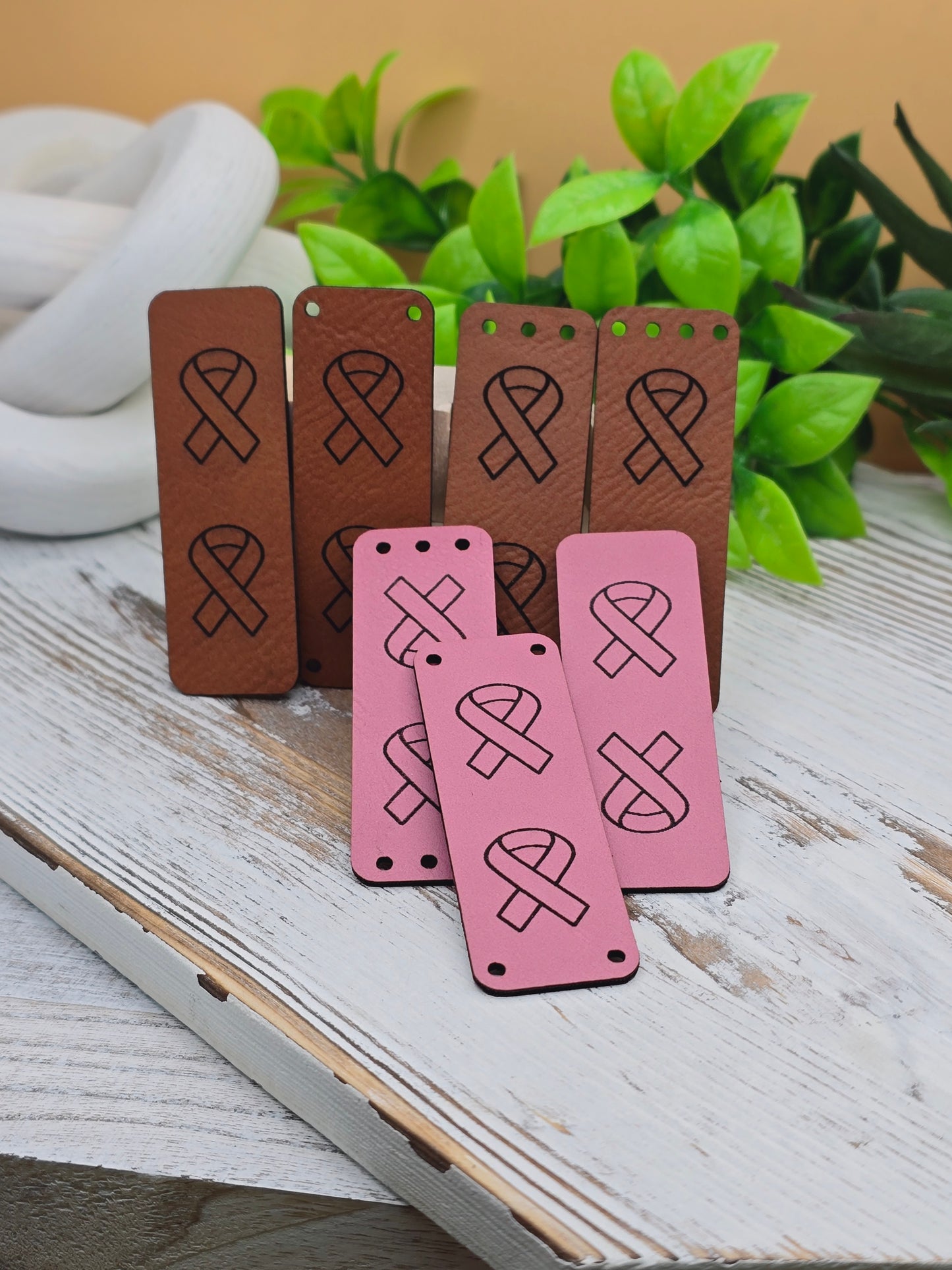 10 Breast Cancer Ribbon  Faux Leather Tag!  .85" x 2.5"  Knit Hat Tag! Crochet Beanie Label! Cup Cozy Tags! Sewing labels! Pink! October Awareness! Ultrasuede Tags!