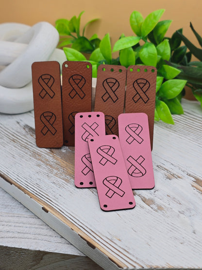 10 Breast Cancer Ribbon  Faux Leather Tag!  .85" x 2.5"  Knit Hat Tag! Crochet Beanie Label! Cup Cozy Tags! Sewing labels! Pink! October Awareness! Ultrasuede Tags!