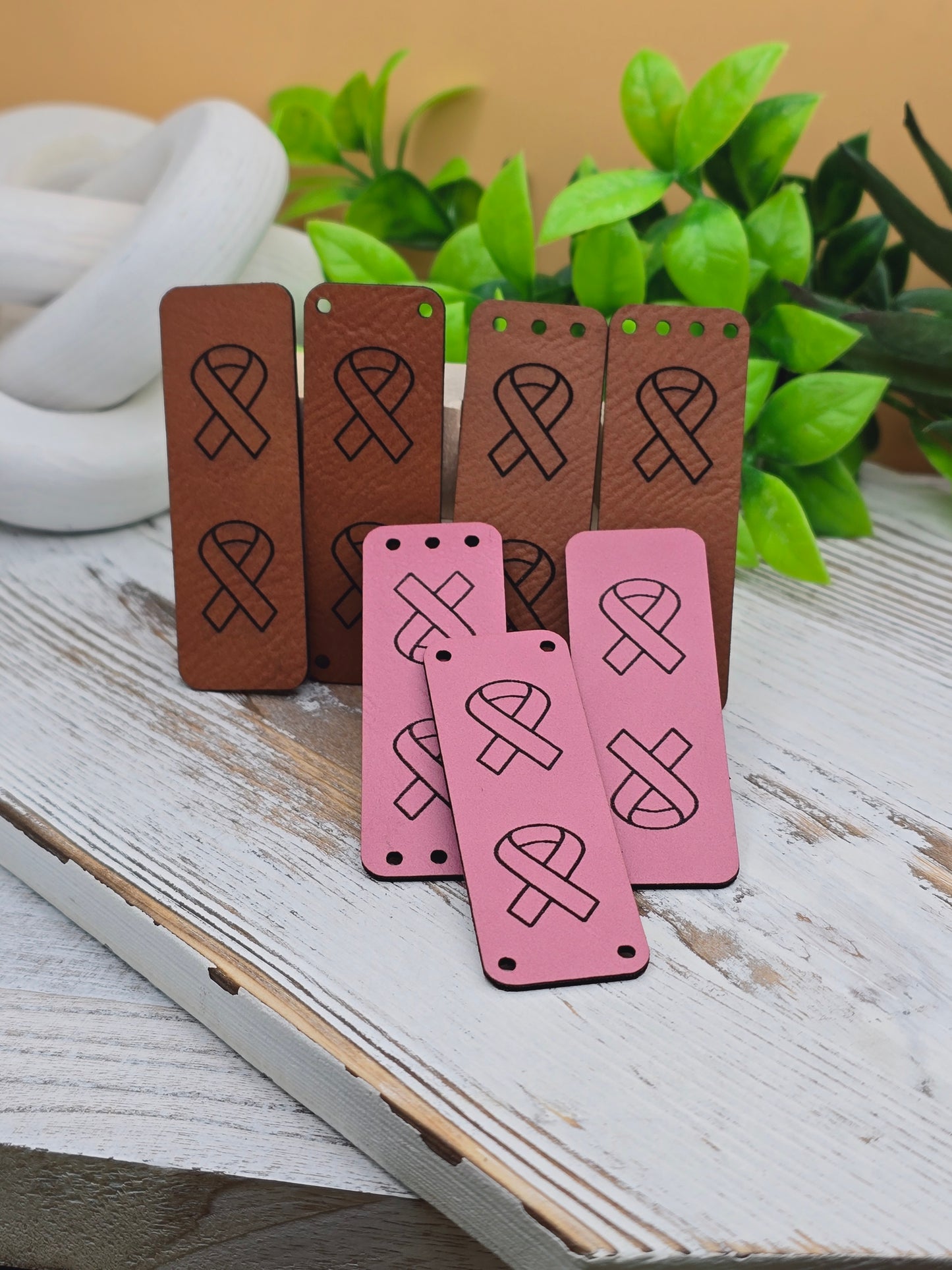 10 Breast Cancer Ribbon  Faux Leather Tag!  .85" x 2.5"  Knit Hat Tag! Crochet Beanie Label! Cup Cozy Tags! Sewing labels! Pink! October Awareness! Ultrasuede Tags!
