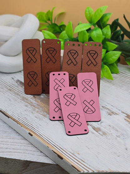 10 Breast Cancer Ribbon  Faux Leather Tag!  .85" x 2.5"  Knit Hat Tag! Crochet Beanie Label! Cup Cozy Tags! Sewing labels! Pink! October Awareness! Ultrasuede Tags!