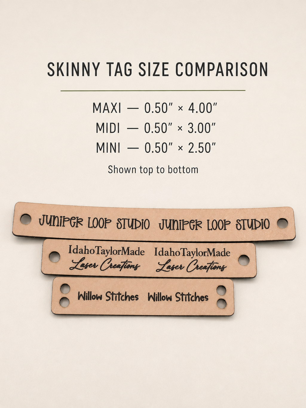 Custom Classic Faux Leather Skinny Tags – Mini, Midi & Maxi