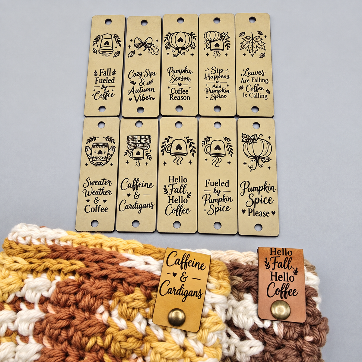 Pumpkin Spice & Everything Cozy | Fall Coffee Faux Leather Fold-Over Tags – Set of 20 – 0.75 × 2.50 in
