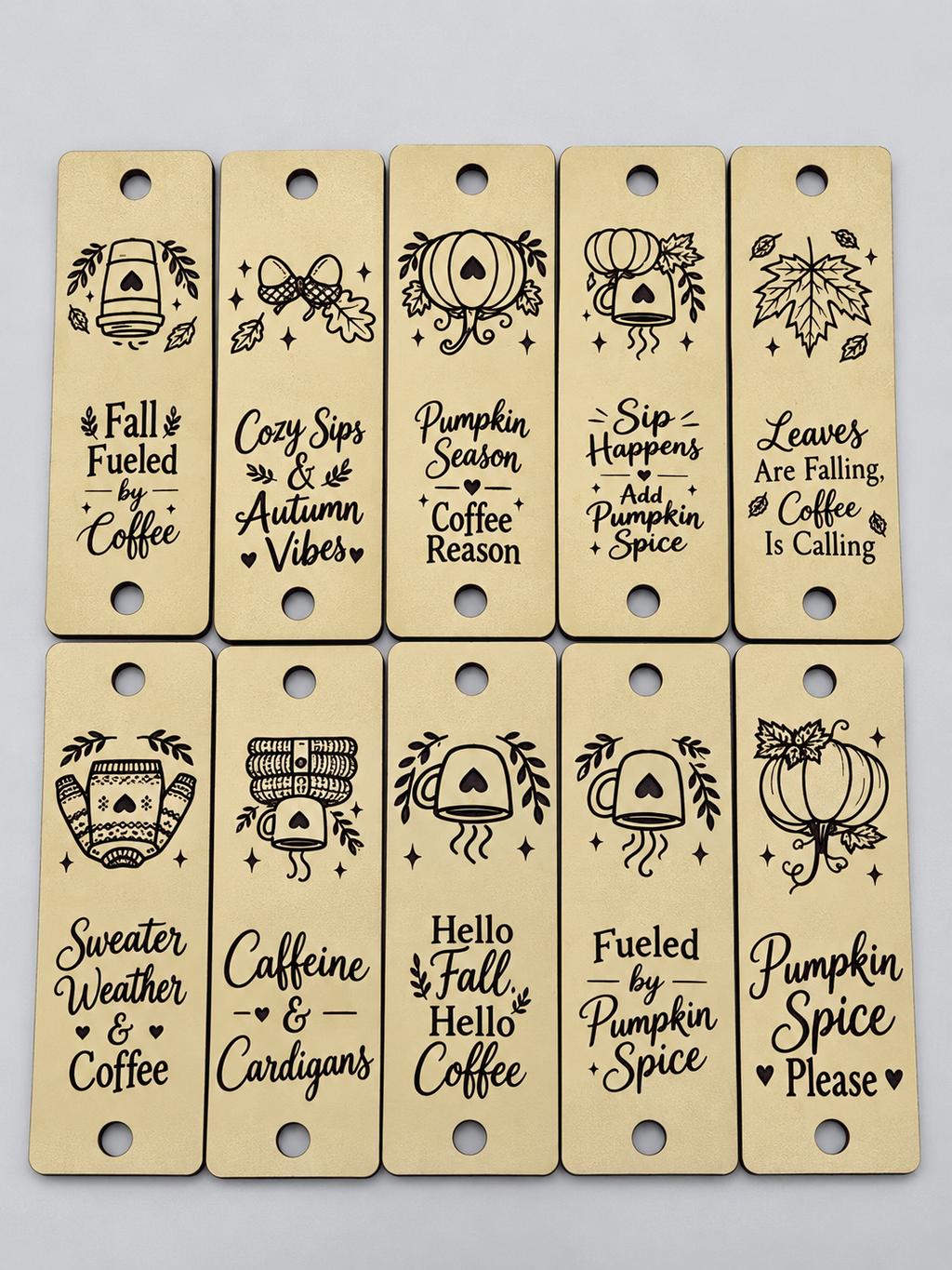 Pumpkin Spice & Everything Cozy | Fall Coffee Faux Leather Fold-Over Tags – Set of 20 – 0.75 × 2.50 in