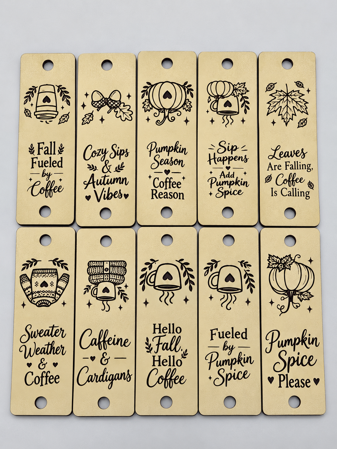 Pumpkin Spice & Everything Cozy | Fall Coffee Faux Leather Fold-Over Tags – Set of 20 – 0.75 × 2.50 in