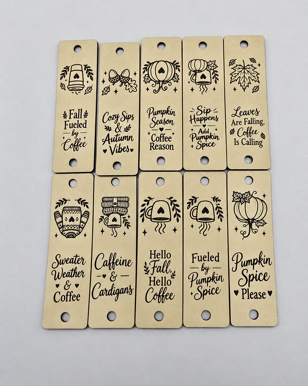 Pumpkin Spice & Everything Cozy | Fall Coffee Faux Leather Fold-Over Tags – Set of 20 – 0.75 × 2.50 in