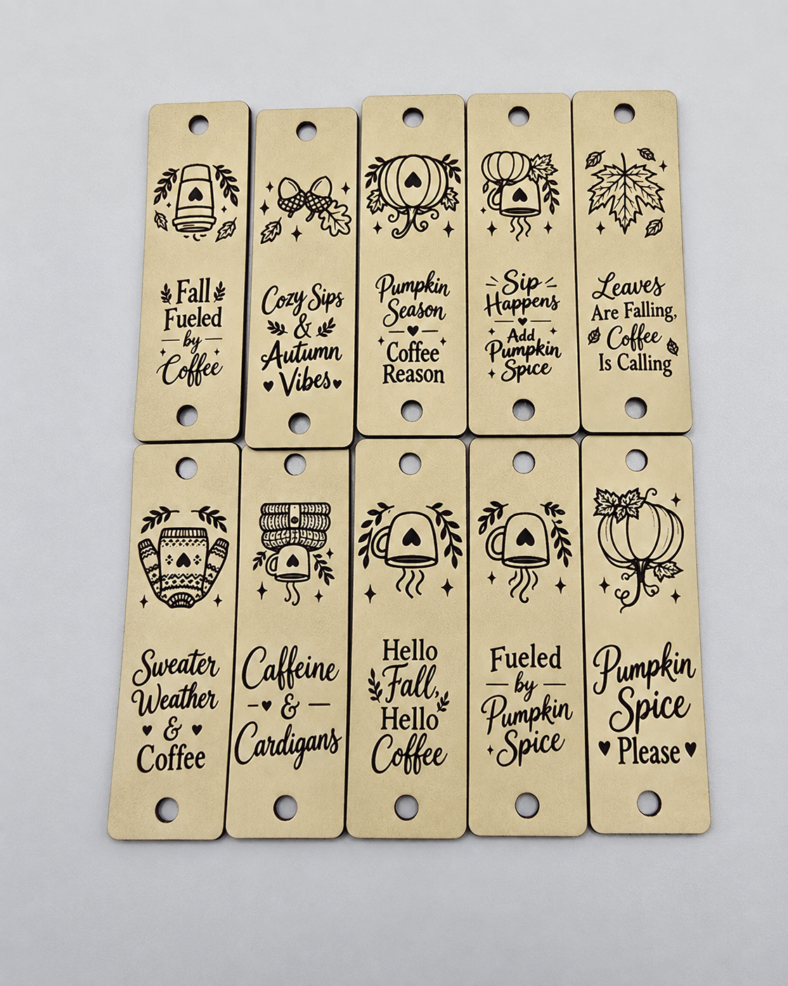 Pumpkin Spice & Everything Cozy | Fall Coffee Faux Leather Fold-Over Tags – Set of 20 – 0.75 × 2.50 in