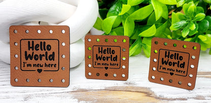 Hello World I'm New Here!  Faux leather or Ultrasuede patches!  Crochet Beanie Patch! Knit Hat Patch!  Cup Cozy Patches! Baby Hat Patches!  Boho Baby!
