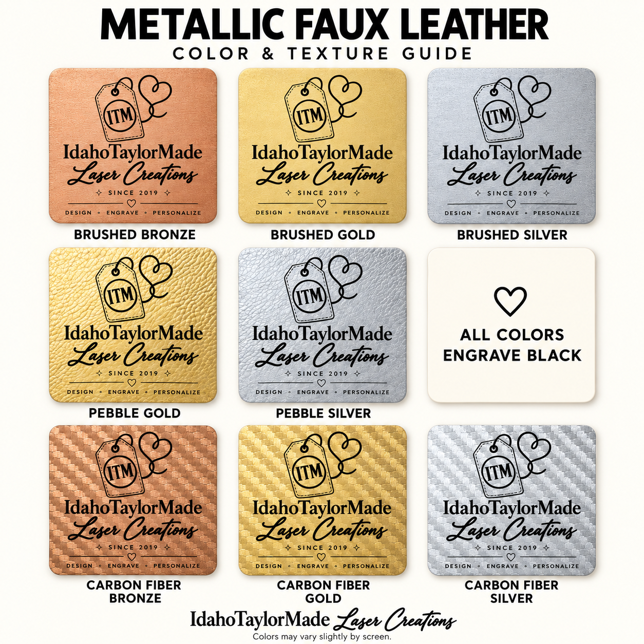 Metallic faux leather color card: Brushed Bronze, Brushed Gold, Brushed Silver, Pebble Gold, Pebble Silver, Carbon Fiber Bronze, Carbon Fiber Gold and Carbon Fiber Silver. All colors engrave black.