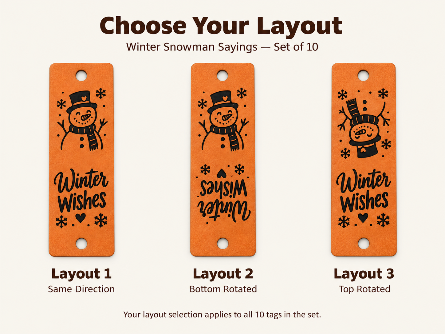 Actual Winter Wishes snowman tag shown in Layout 1, both ends upright; Layout 2, bottom wording rotated; and Layout 3, top snowman rotated.