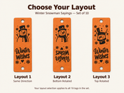 Actual Winter Wishes snowman tag shown in Layout 1, both ends upright; Layout 2, bottom wording rotated; and Layout 3, top snowman rotated.