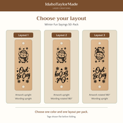 Winter Fun & Holiday Sayings Faux Leather Fold-Over Tags – Set of 50 – 0.85 × 2.50 in