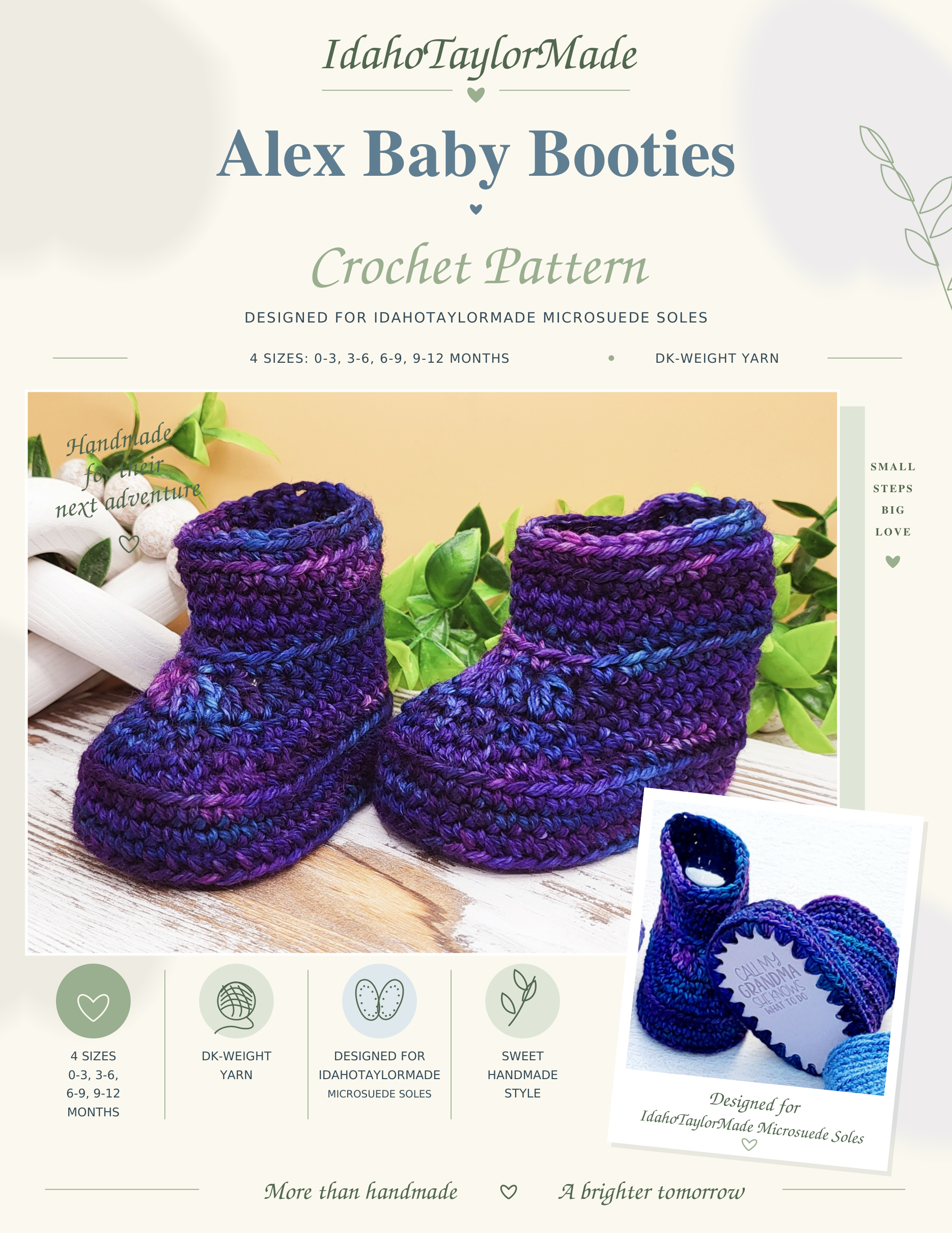 Alex Baby Booties PDF crochet pattern cover in cream, sage, and dusty blue, showing purple booties; four sizes from 0 to 12 months.