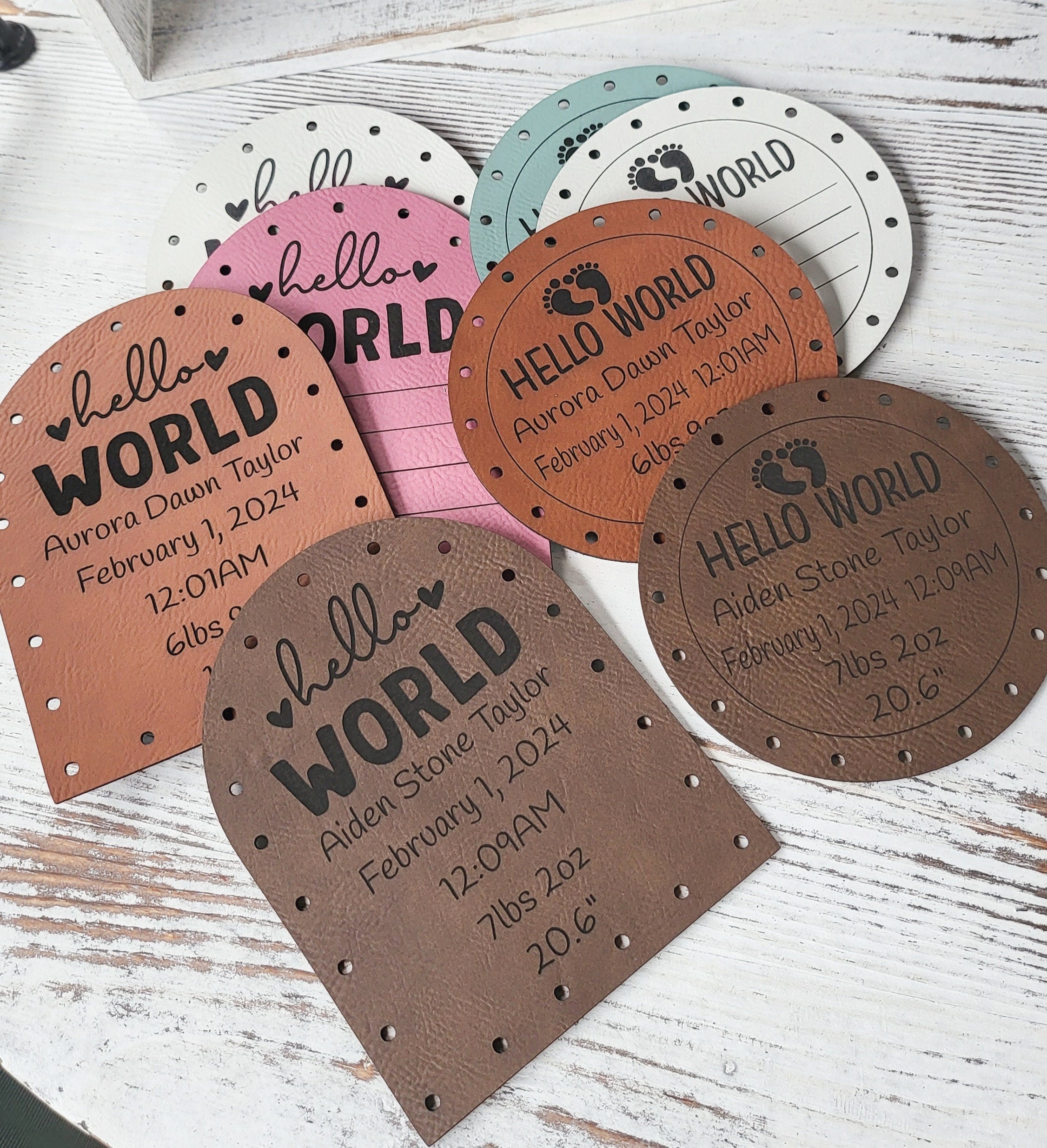 Personalized birth announcement faux leather patch photo 1