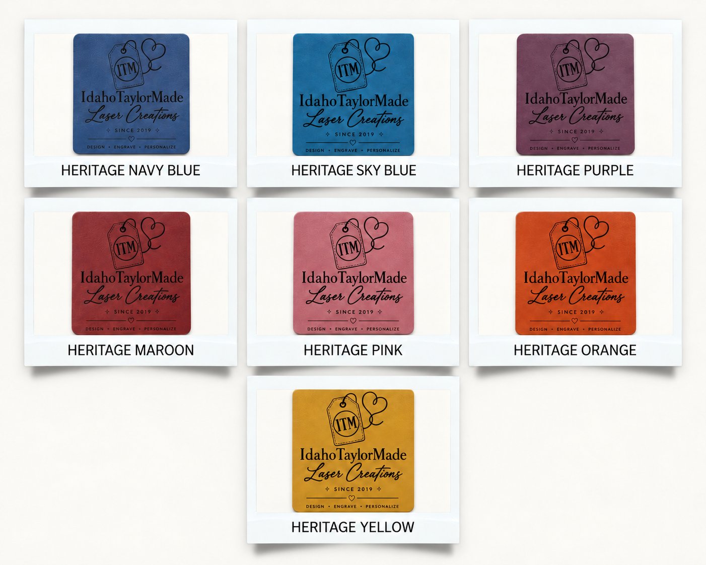 Heritage faux leather colors, page 2: Navy Blue, Sky Blue, Purple, Maroon, Pink, Orange and Yellow.