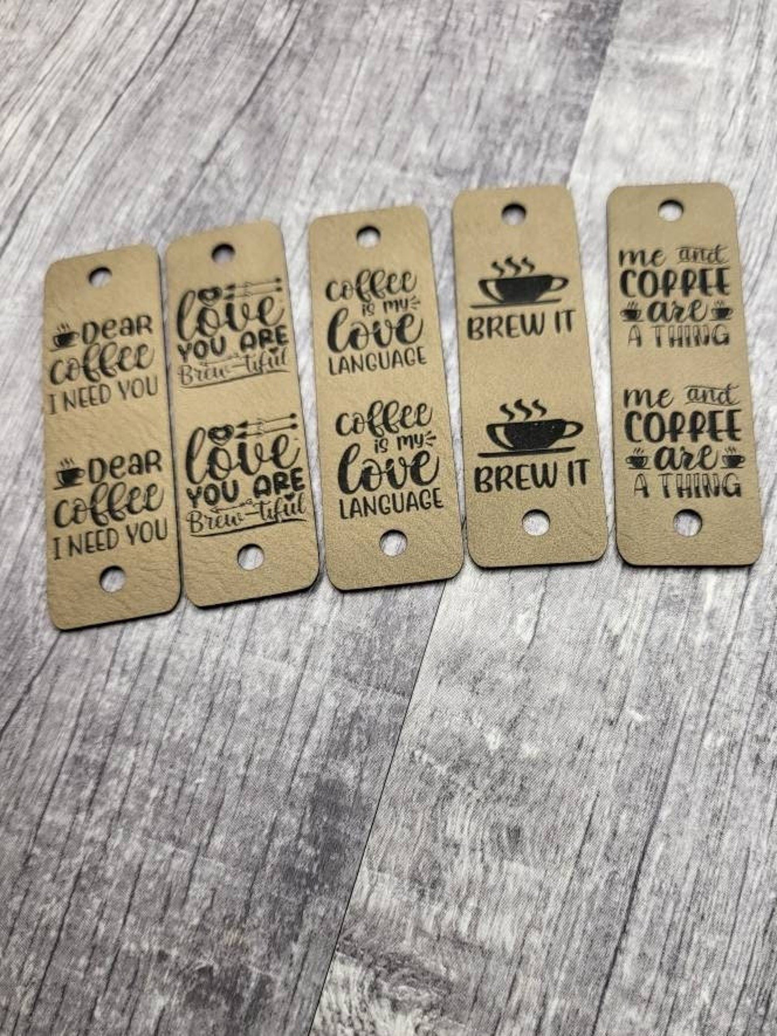Five faux leather coffee tag designs including Brew It and Coffee is my love language