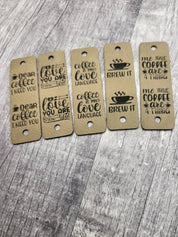 Five faux leather coffee tag designs including Brew It and Coffee is my love language