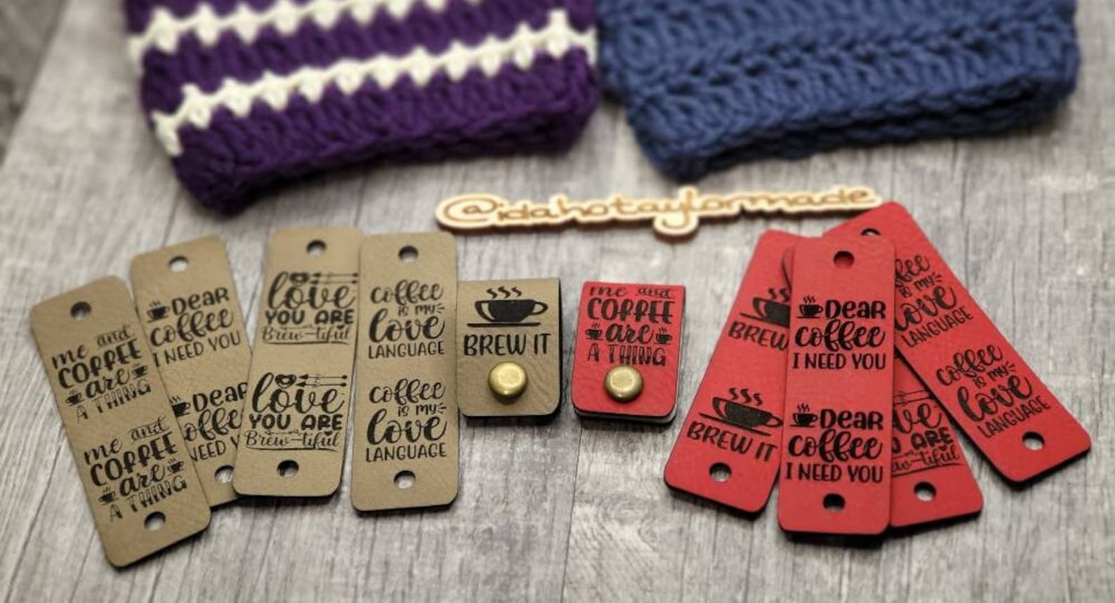 Brew It and Coffee Love faux leather cup cozy tags