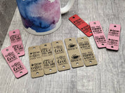 Coffee themed faux leather fold-over tags for handmade cup cozies