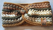 Handmade wheat stitch earwarmer in earthy colors with a cabin tag