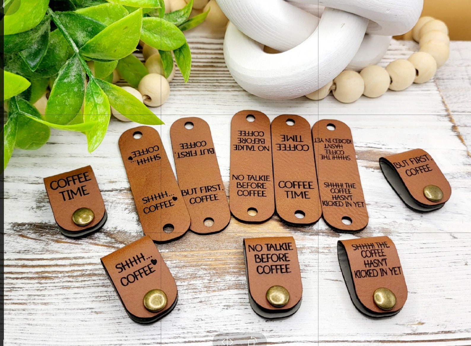 Coffee cup cozy faux leather fold-over tags, set of ten