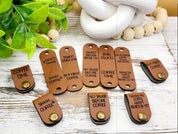 Five coffee sayings on faux leather fold-over tags