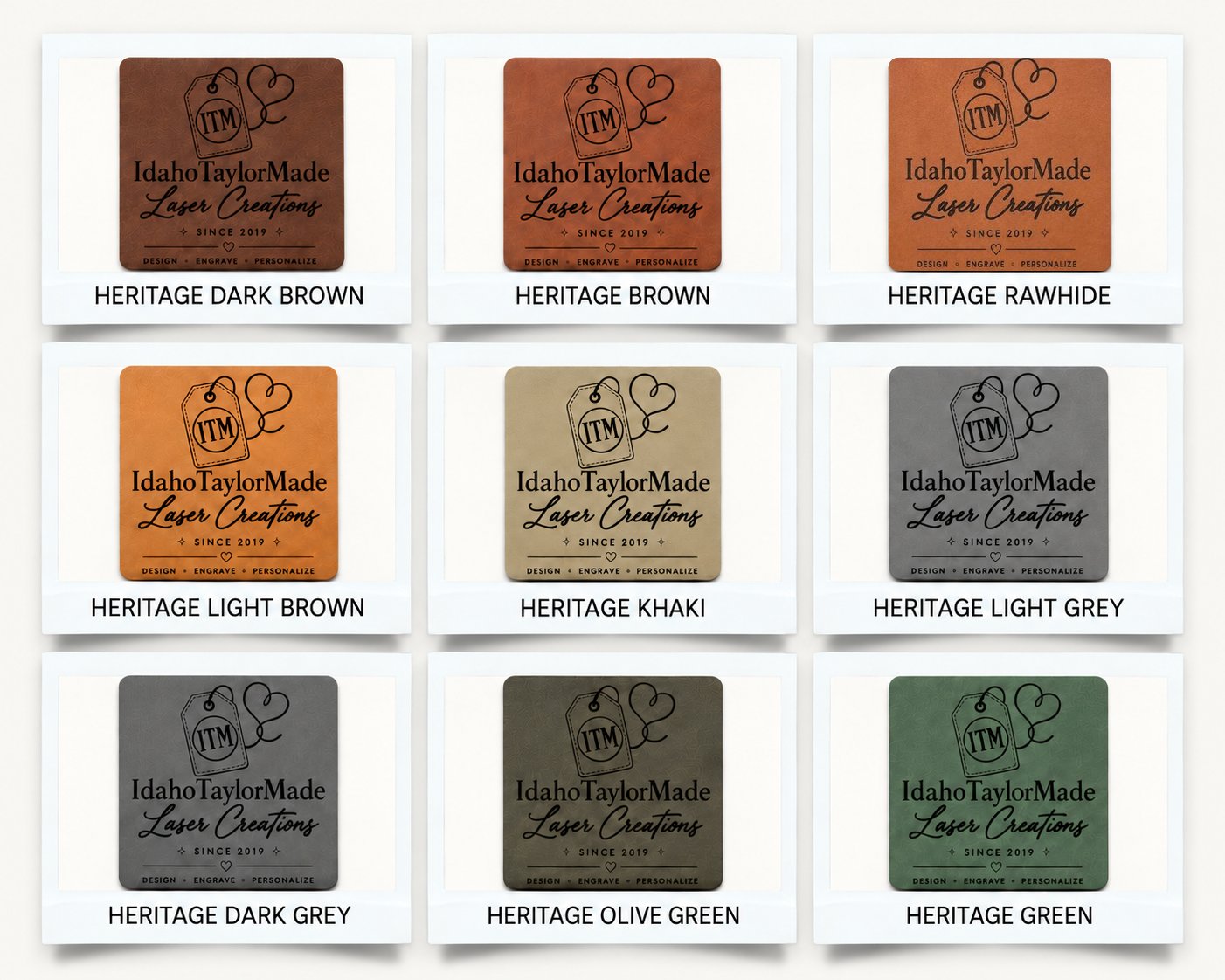 Heritage faux leather colors, page 1: Dark Brown, Brown, Rawhide, Light Brown, Khaki, Light Grey, Dark Grey, Olive Green and Green.
