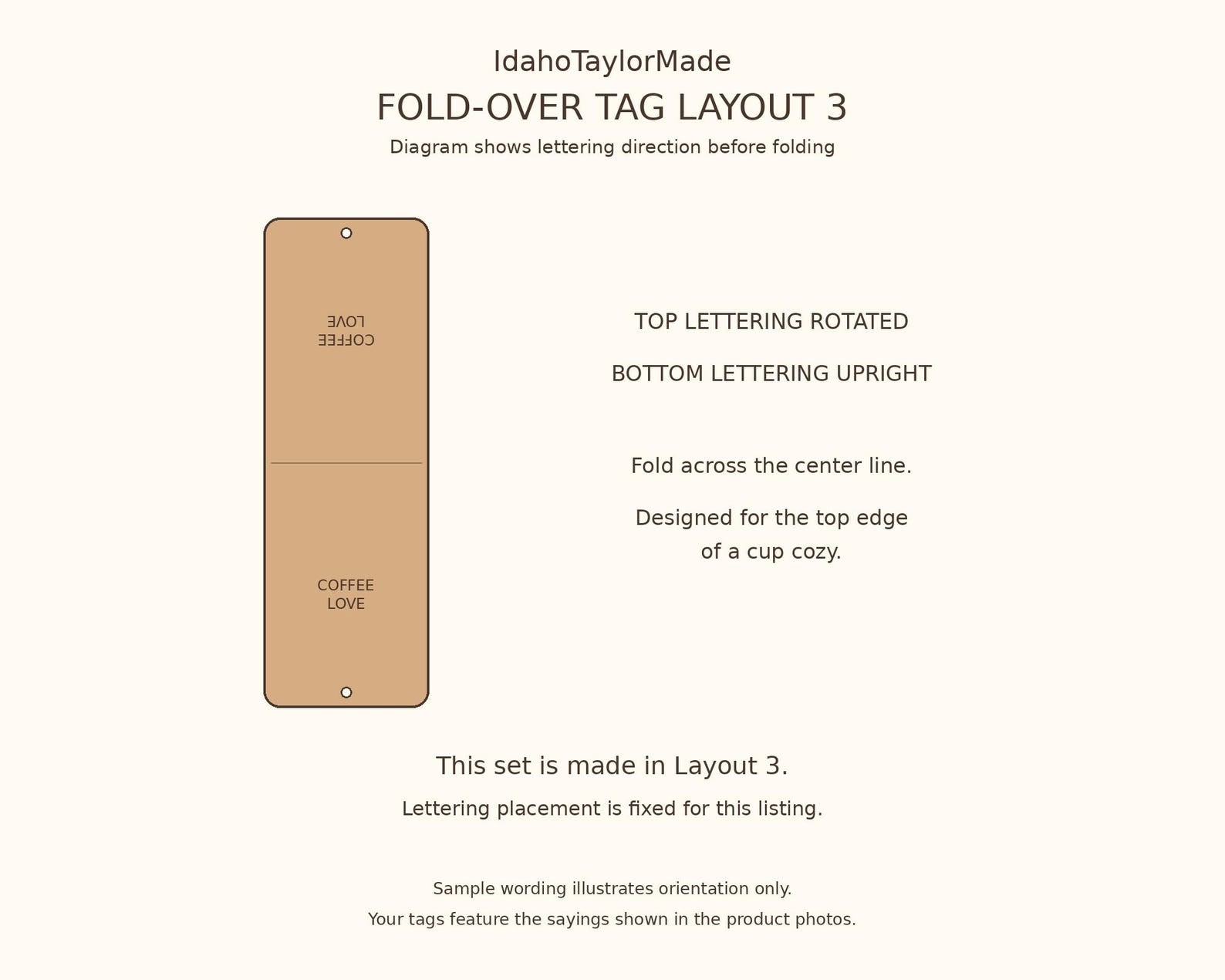 Fold-over tag Layout 3, top rotated and bottom upright