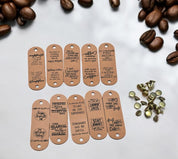 Ten coffee quote faux leather fold-over tags with black engraving