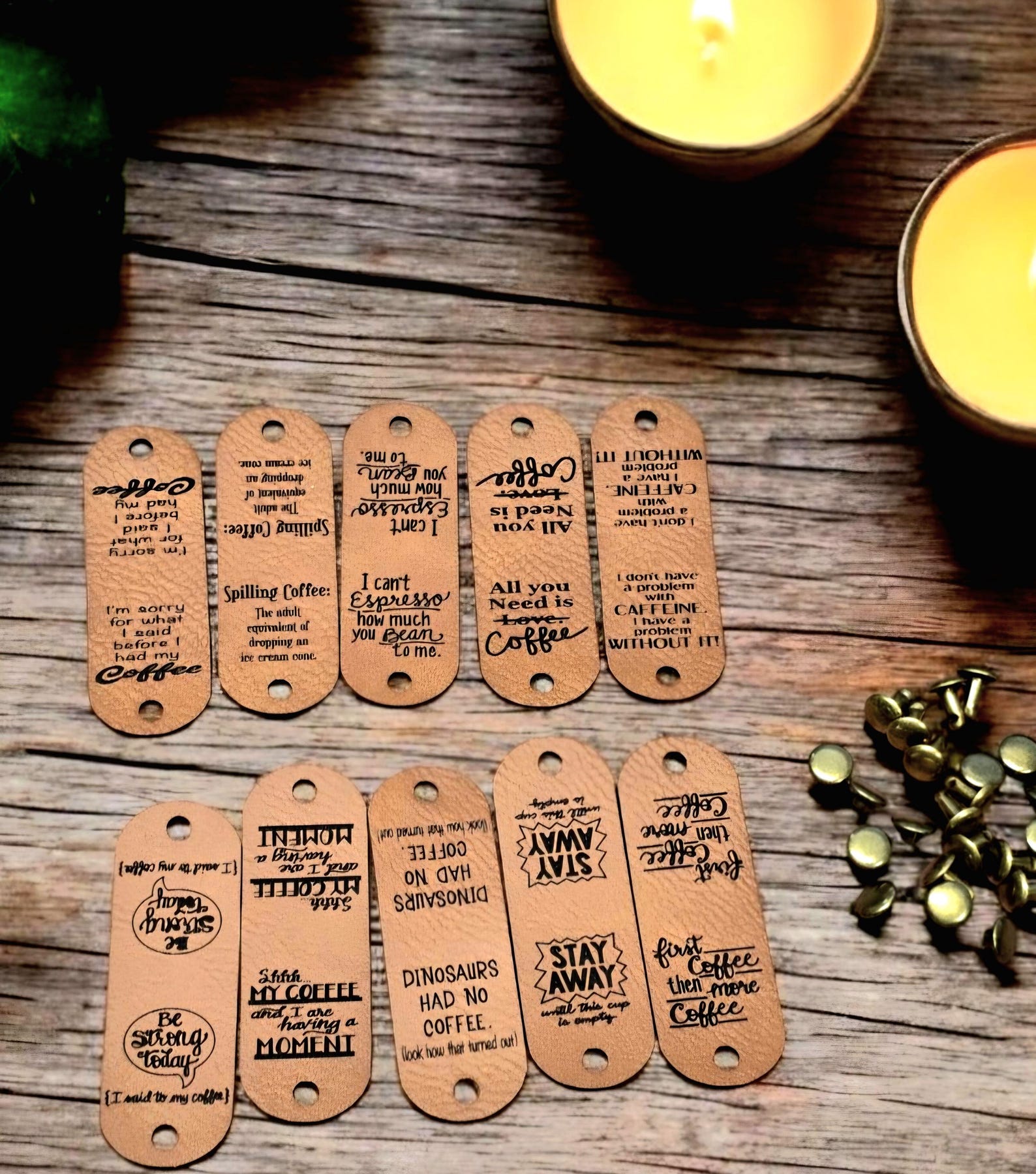 Ten assorted coffee sayings engraved on tan faux leather tags