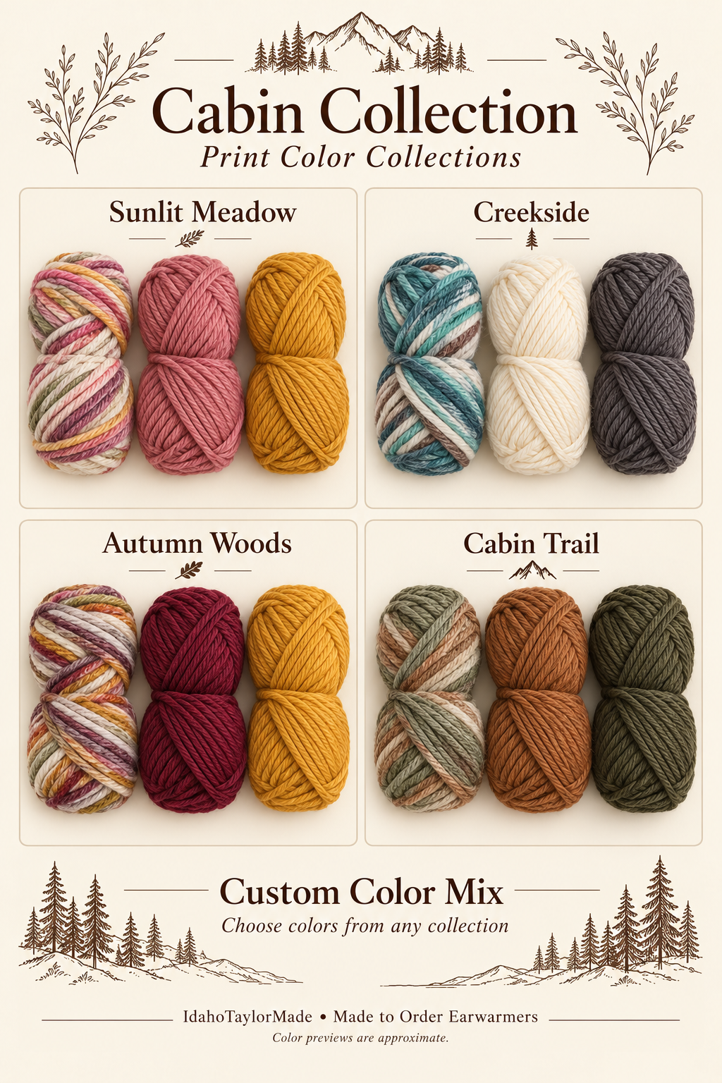 Earwarmer color collection previews: Sunlit Meadow, Creekside, Autumn Woods, and Cabin Trail