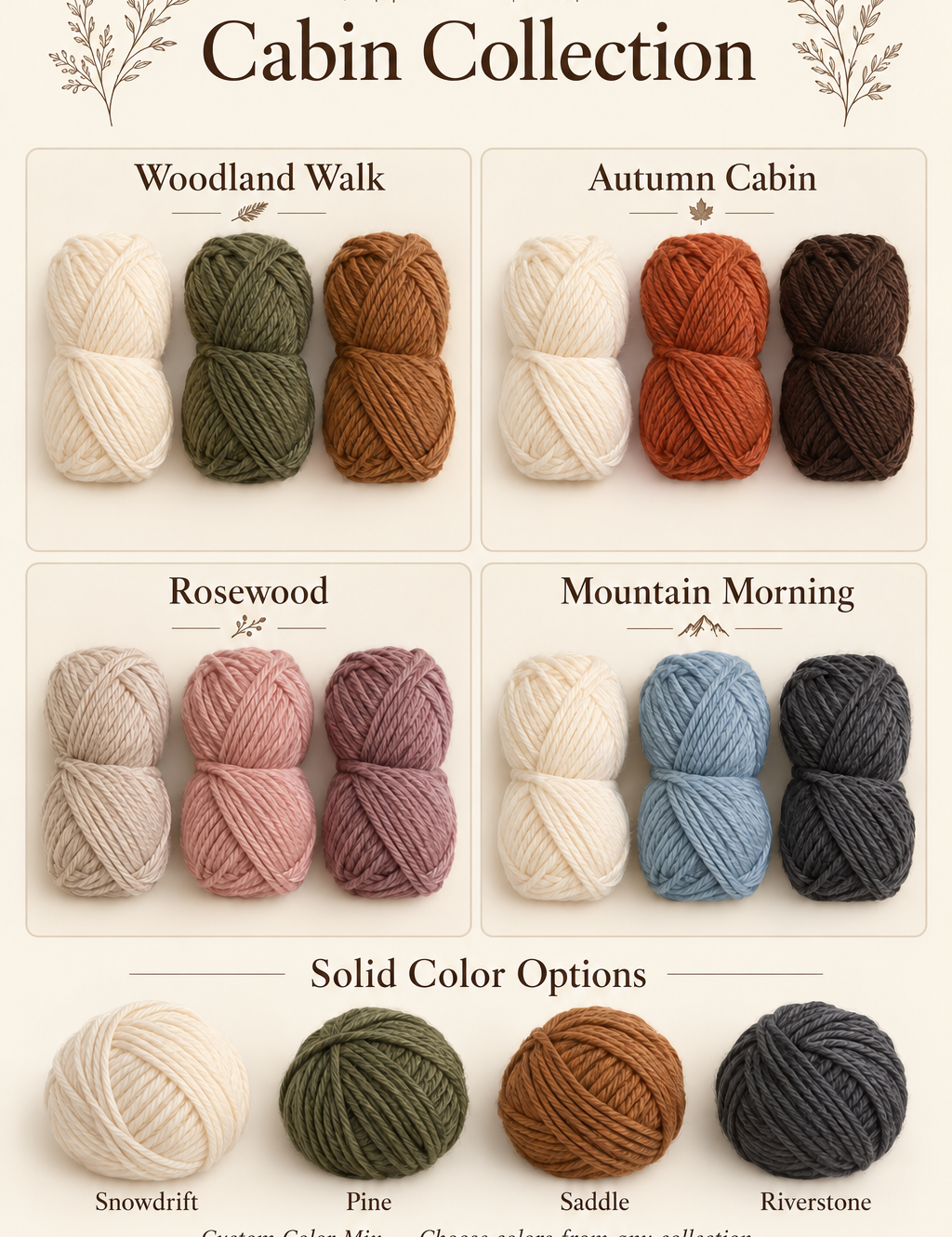 Earwarmer color collection previews: Woodland Walk, Autumn Cabin, Rosewood, Mountain Morning, and four solid options