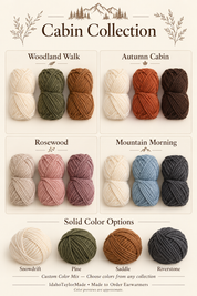Earwarmer color collection previews: Woodland Walk, Autumn Cabin, Rosewood, Mountain Morning, and four solid options