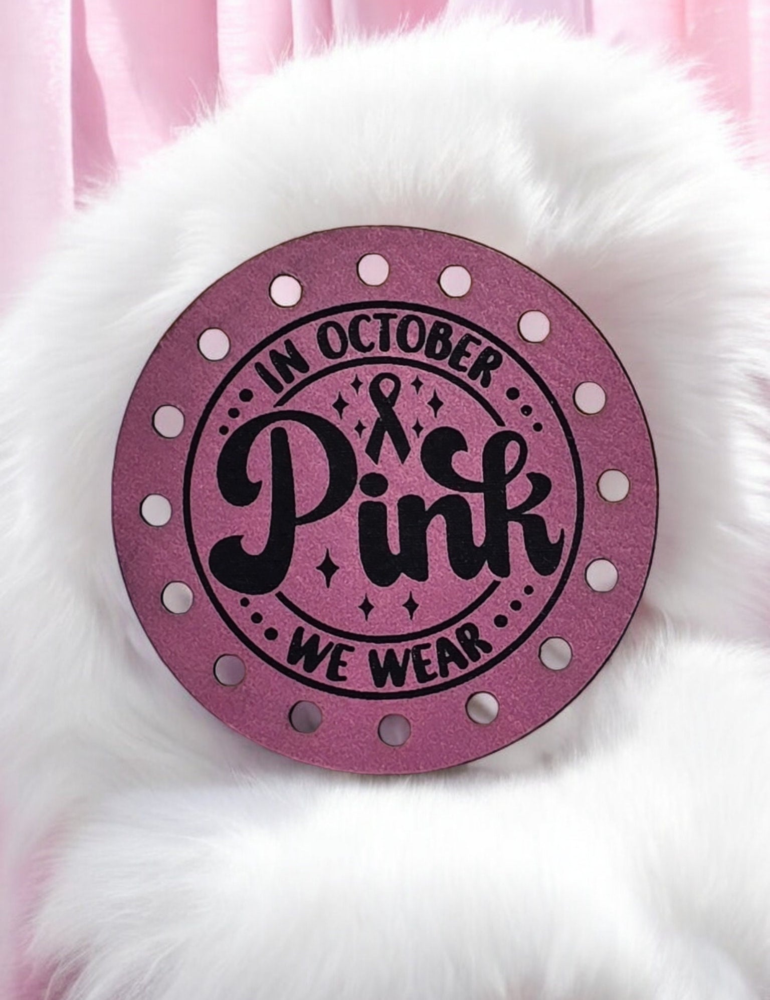 In October We Wear Pink Faux Leather Patch, Round Breast Cancer Ribbon — photo 1