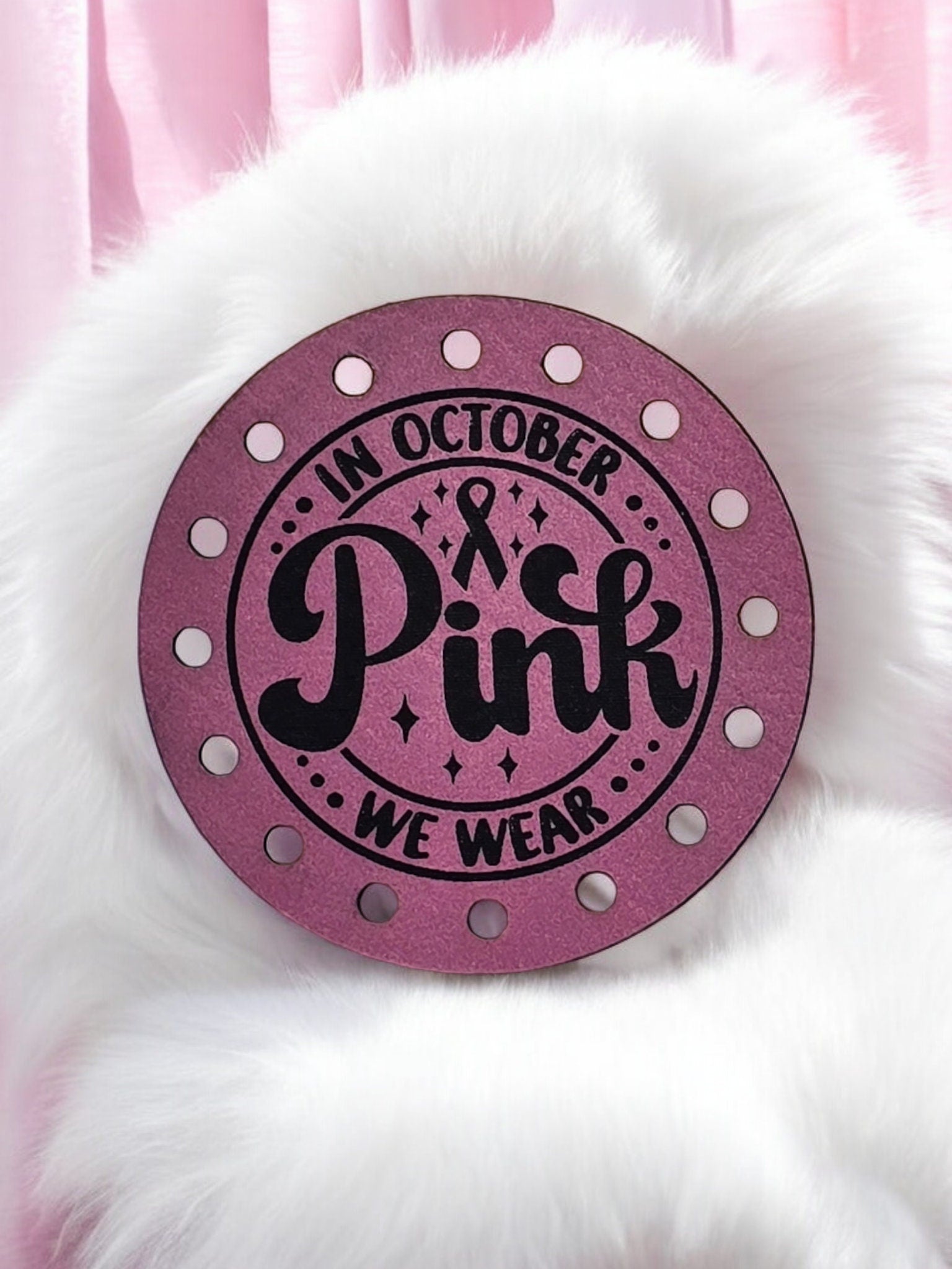 In October We Wear Pink Faux Leather Patch, Round Breast Cancer Ribbon — photo 1