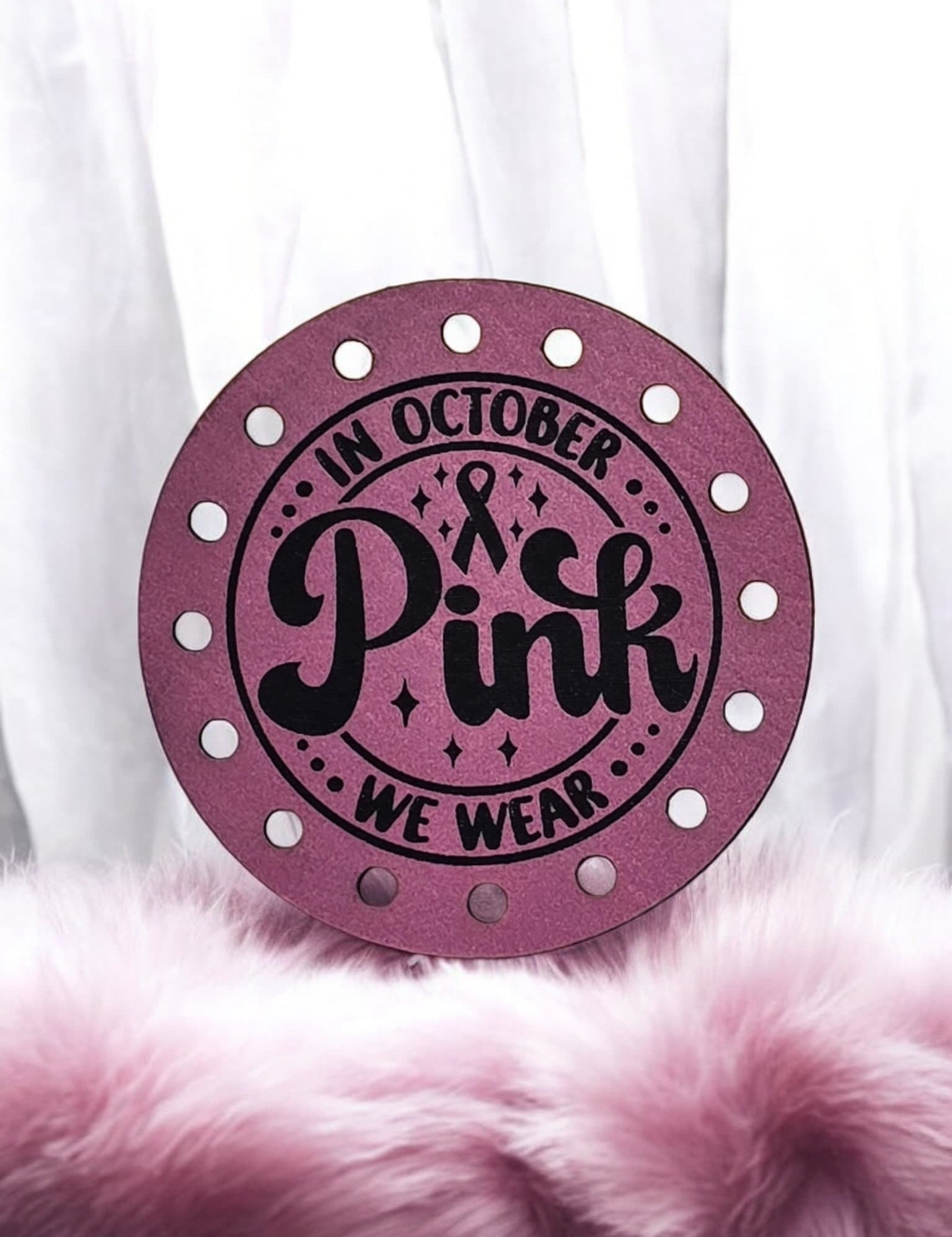 In October We Wear Pink Faux Leather Patch, Round Breast Cancer Ribbon — photo 6