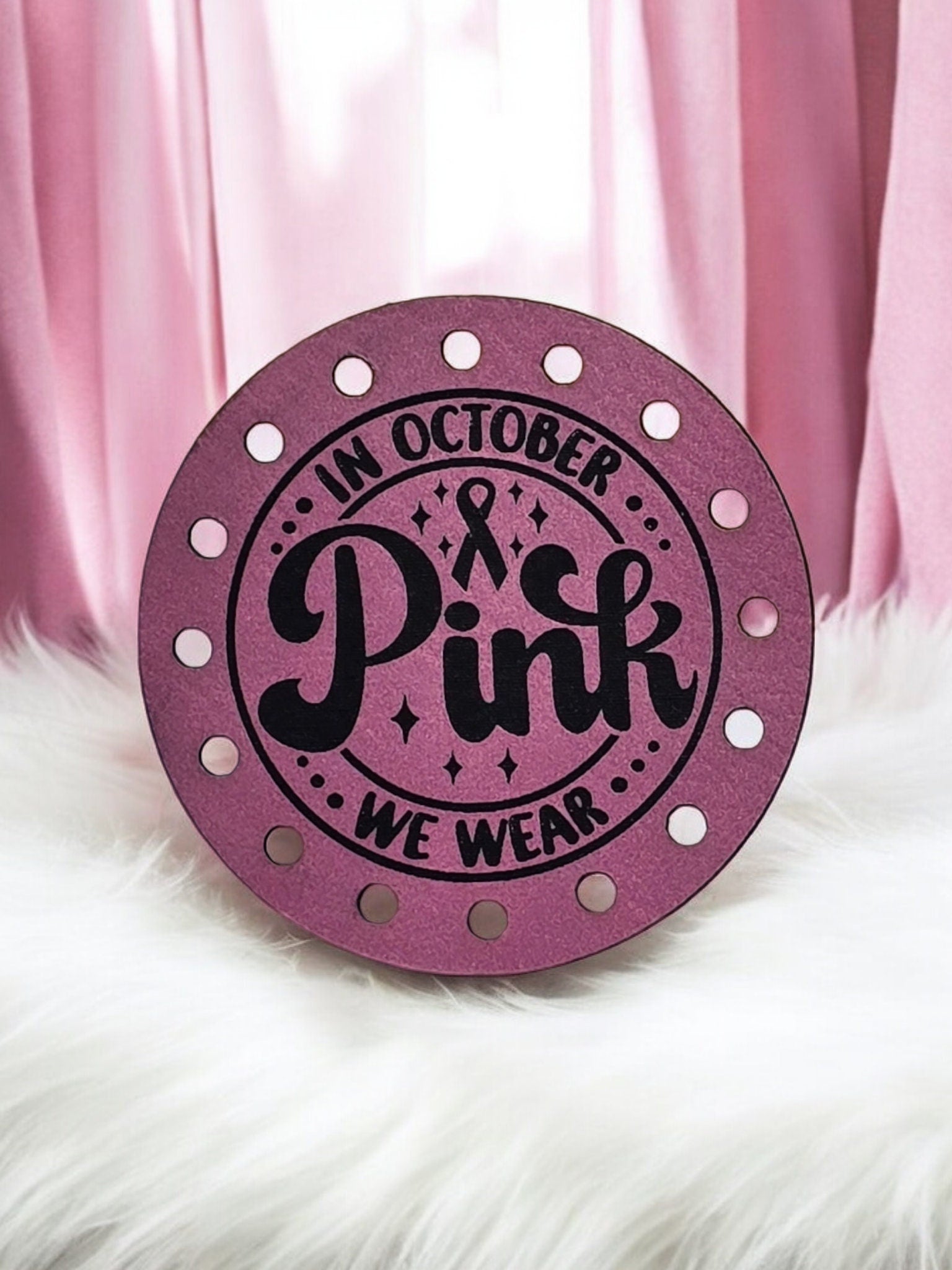 In October We Wear Pink Faux Leather Patch, Round Breast Cancer Ribbon — photo 7