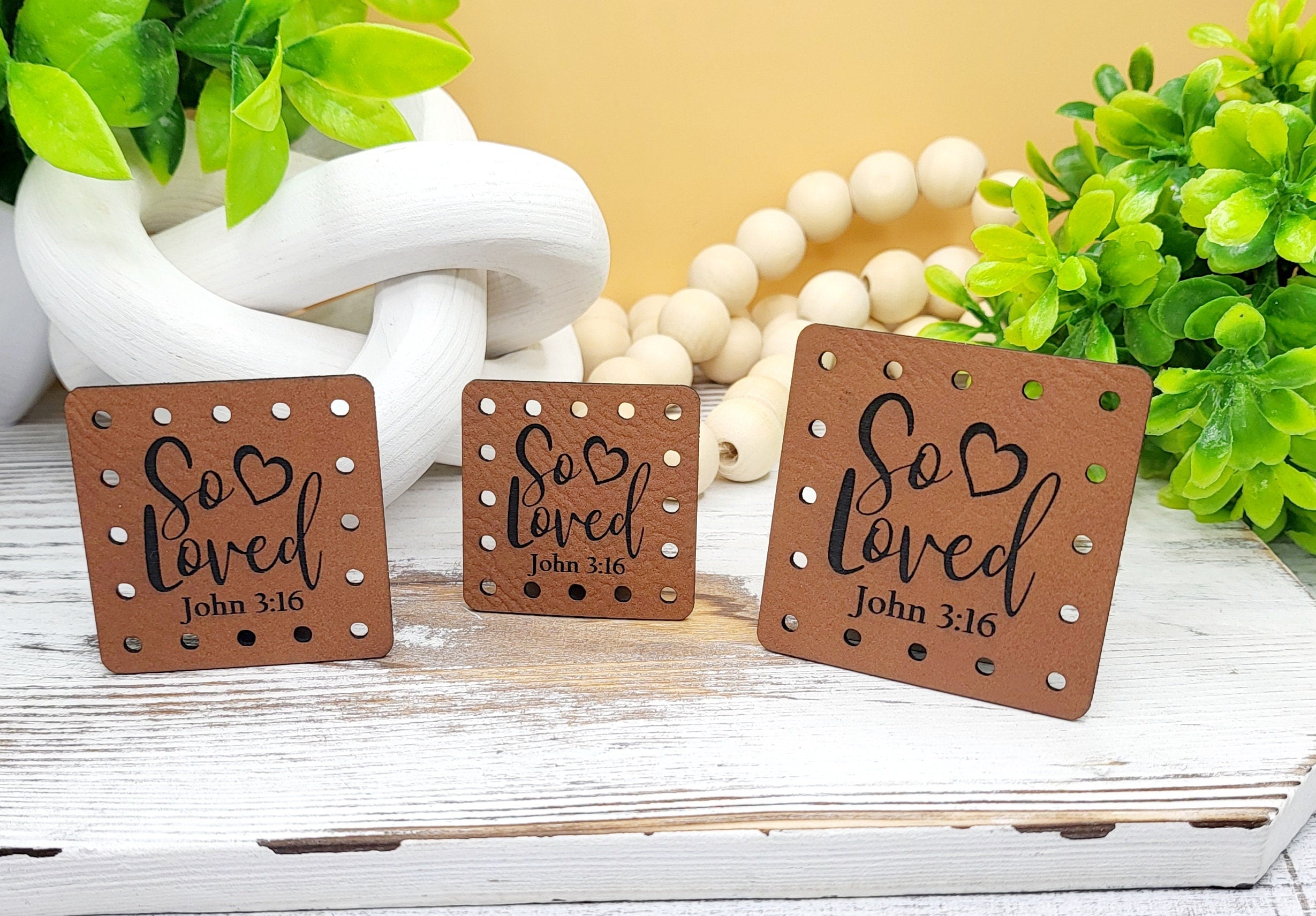 So Loved John 3:16 Faux Leather Patch, Sew-On Christian Tags for Blankets & Beanies — product photo 1