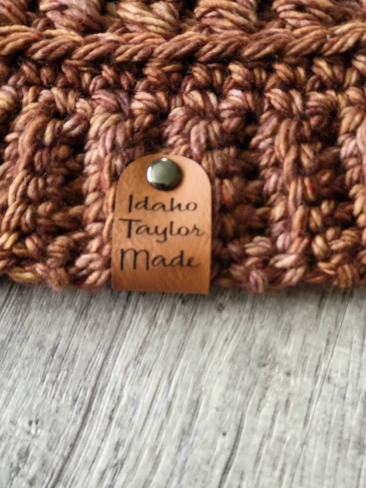Custom Faux Leather Fold Over Tags! Sew On!  Ultrasuede Tags! Size  0.85" x 2.50"!  Round Edge! Knit hat tags!  Logos Welcome! Crochet beanie label! CUSTOM Tags! Round Edges! PERSONALIZE