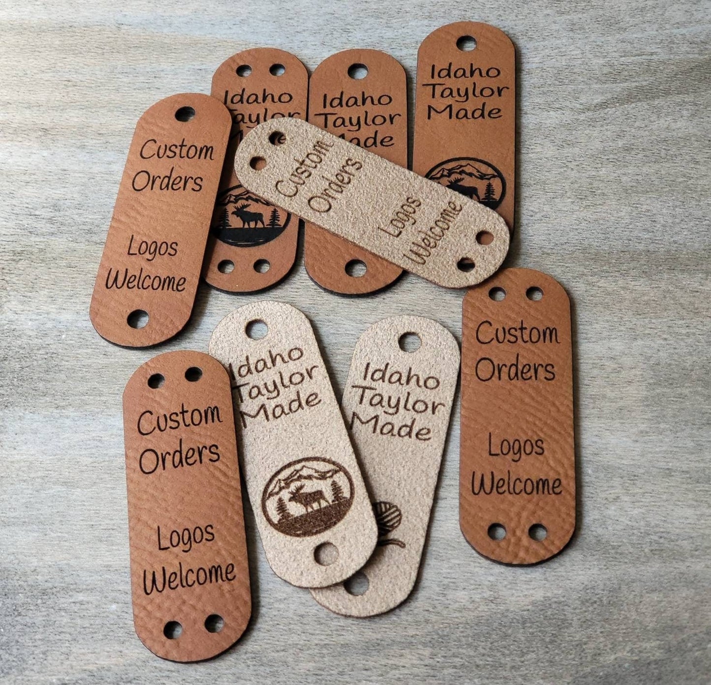 Custom Faux Leather Fold Over Tags! Sew On!  Ultrasuede Tags! Size  0.85" x 2.50"!  Round Edge! Knit hat tags!  Logos Welcome! Crochet beanie label! CUSTOM Tags! Round Edges! PERSONALIZE